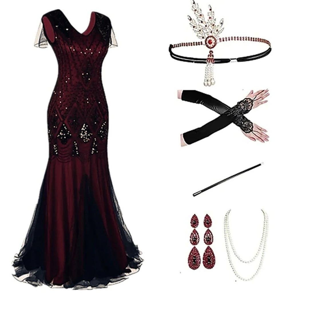 Women 1920s Flapper Dress with Accessories Dark Red Vintage V-Neck Ballroom Party Sequin Dress with Tassel Hem Evening Gown