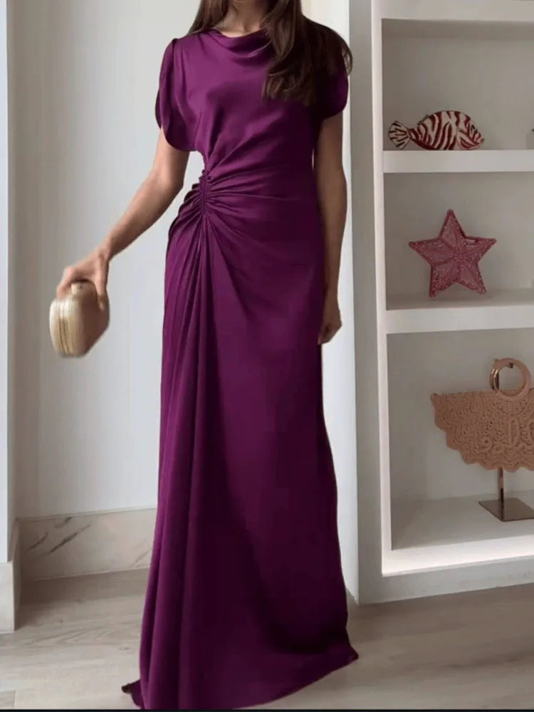 Casual O-neck Draped Gowns Dress Elegant Hight Waist Slim Fit Evening Dress Vestidos  Women Fashion Temperament Solid Long Dress