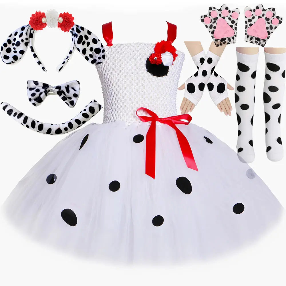 Dalmatian Costume Kids Cute Flowers Spotted Dog Tutu Dress Toddler Girls Halloween Festival Party Animal Puppy Dress Up Outfits