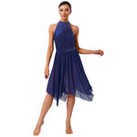 Load image into Gallery viewer, Women Lyrical Dance Dress Halter Glittery Rhinestones Patchwork Irregular Mesh Ruffled Hem Dress for Dance Classes Competition