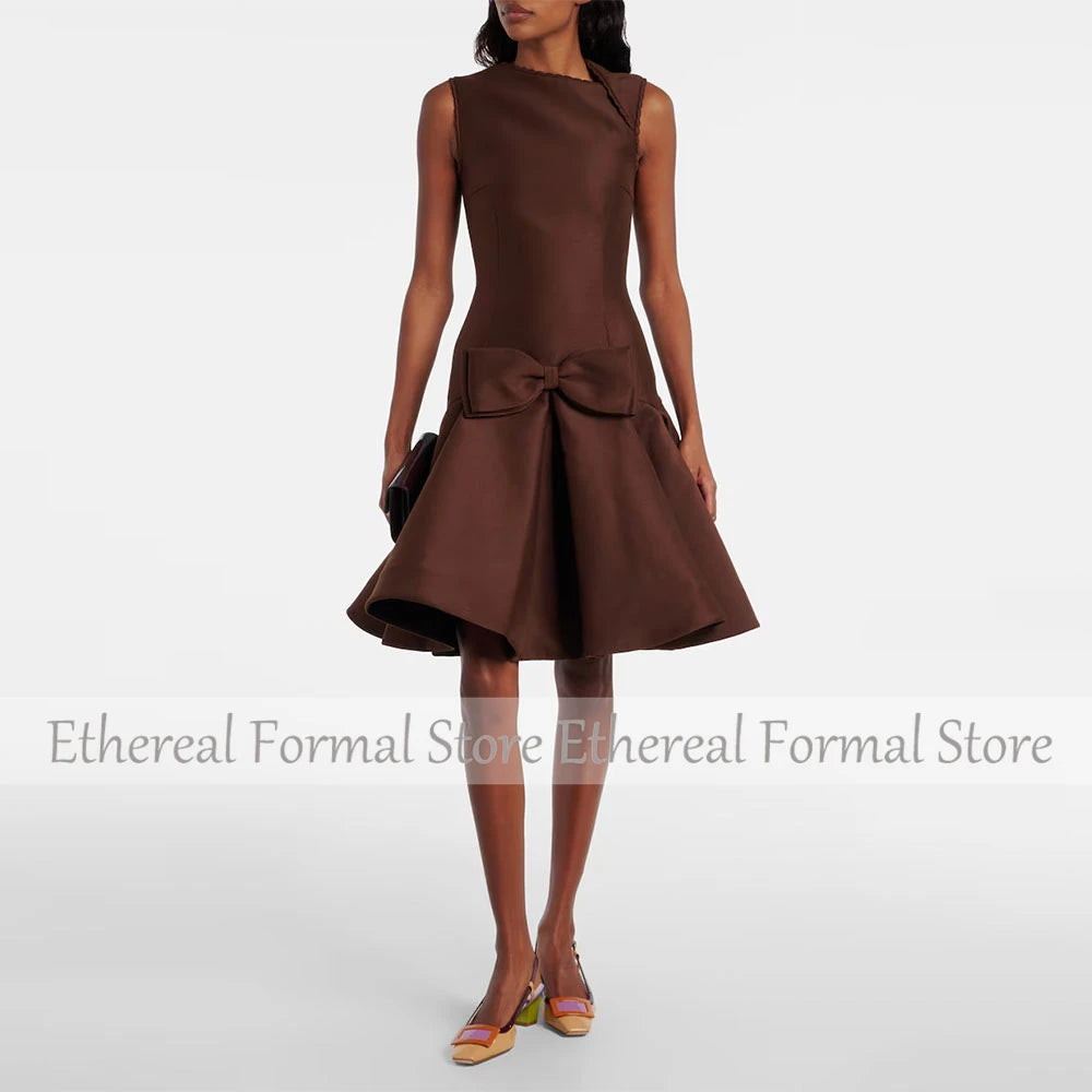 Modern Women's Evening Gown Knee Length Formal Party Dress O Neck Saudi Dress Sleeveless Prom Dress