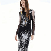 European, American and Spanish original single women's dress with printed elastic splicing light luxury long skirt new product