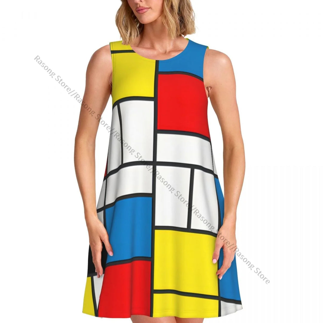 Women Clothing Dress Piet Mondrian Abstract Cubes Round Neck Sleeveless Length Dress