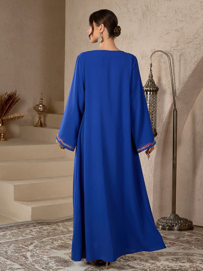 Ramadan Islamic Modest Abaya Dress for Women Ethnic Colorful Embroidery Morocco Casual Round Neck Long Robe Elegant Dubai Muslim