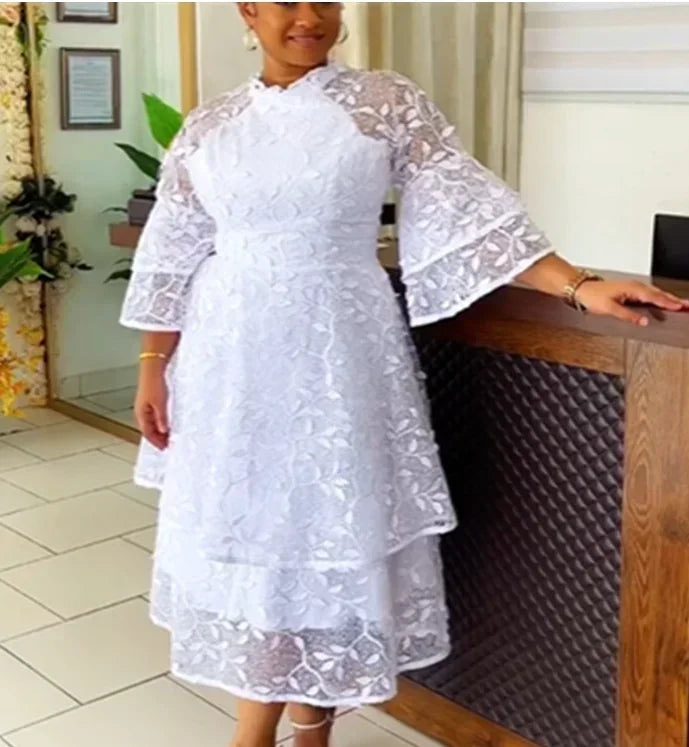 White Lace Dresses for Women Wedding Guests Elegant Turn Down Collar Puff Sleeves Pleated Hem Midi Dress Luxury Occasion Clothes