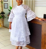 White Lace Dresses for Women Wedding Guests Elegant Turn Down Collar Puff Sleeves Pleated Hem Midi Dress Luxury Occasion Clothes