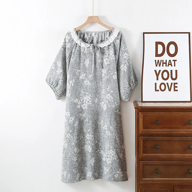 Nightwear Dresses for Women Spring and Summer Cute Sweet Fresh Style Fiber Casual Sleepwear Long Sleeved Night Gown
