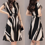 Load image into Gallery viewer, Women Dress Summer Vintage Printed Dress Elegant Fashion Ladies Business Dresses Belt O-Neck Short Sleeve Knee Length Dress