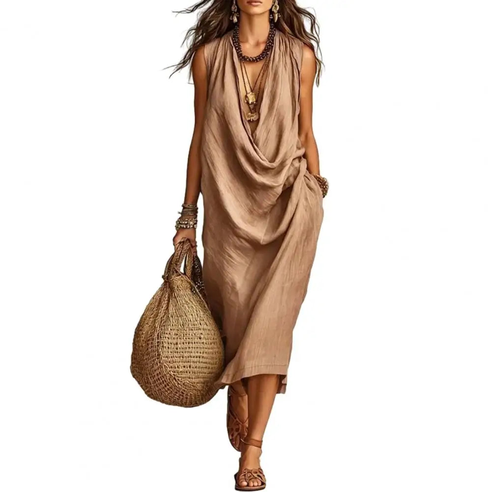 Lightweight Sleeveless Dress Sleeveless Dress for Women Women's Draped Deep V Neck Dress Summer Sleeveless Loose Flowy Casual