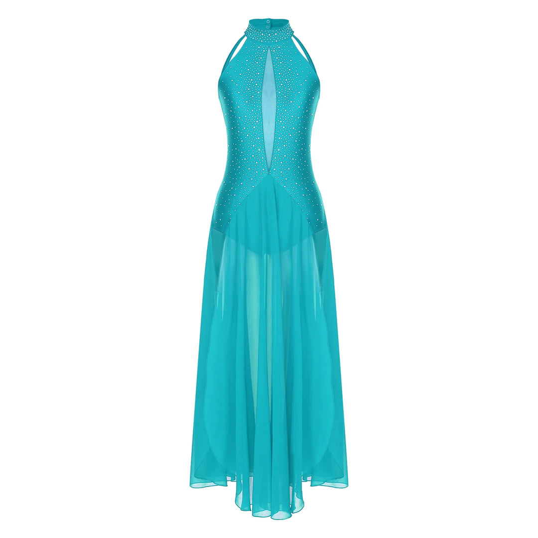 Women Lyrical Dance Dress Modern Contemporary Dancewear Halter Strappy Back Rhinestones Split Dress for Performance Competition