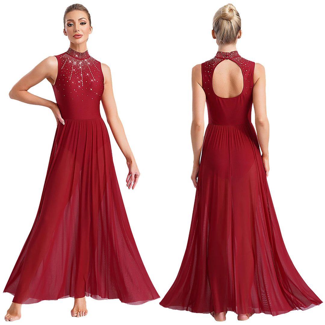 Womens Lyrical Dance Dresses Mock Neck Wide Hemline Shiny Rhinestones Maxi Dress Sleeveless Modern Contemporary Leotard Dresses