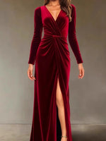 Load image into Gallery viewer, Velvet Dress for Women 2025 Autumn Winter New V-neck Slim Twist High Waist Evening Dress Sexy Solid Color Pleated A-line Dresses