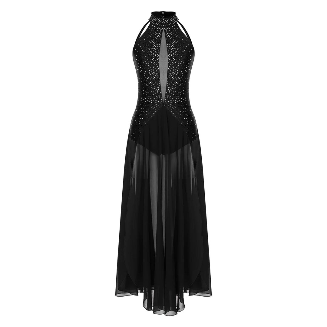 Women Lyrical Dance Dress Modern Contemporary Dancewear Halter Strappy Back Rhinestones Split Dress for Performance Competition