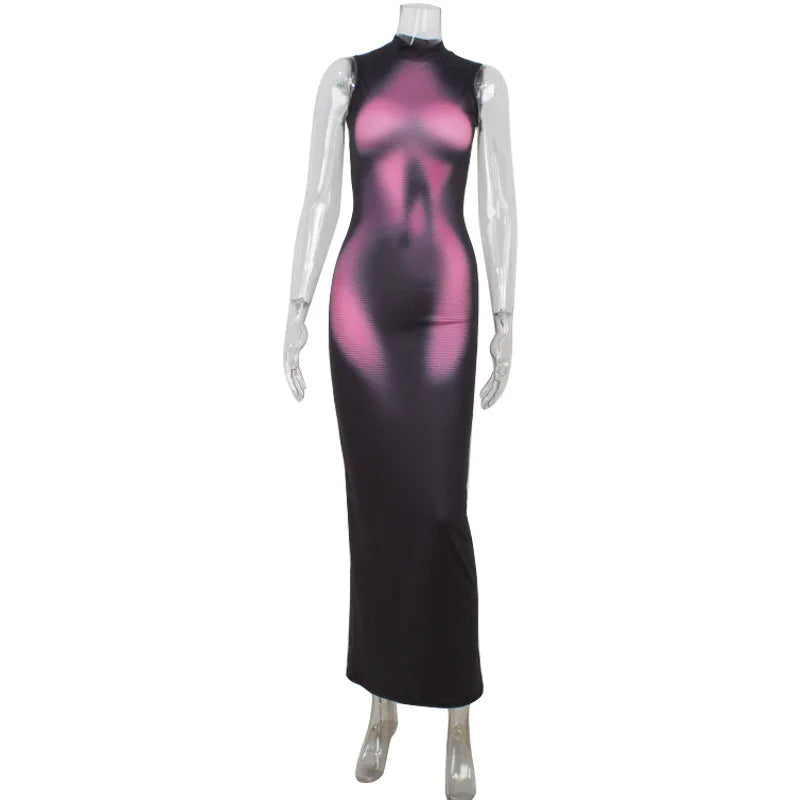 Body Print Dresses For Women Fashion Sexy Tank Streetwear Sleeveless O-Neck Sheath Hip Wrap Long Vestidos Robes Female Clubwear