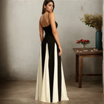 Load image into Gallery viewer, Women Evening Dress Fashion Elegant Royal Sister Slim Black And White Contrast Color Strap Dress Sexy V-Neck High Waist Dresses