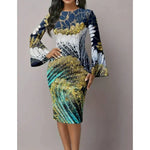 Load image into Gallery viewer, Women's Elegant Bodycon Dress with Flared Sleeves Unique Blue &amp; Gold Metallic Swirl Print Boho Chic Midi Dress for Night Out
