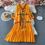 Load image into Gallery viewer, Women Vintage Dress Bohemian Ethnic Seaside Holiday Dress Spring Embroidered V-Neck Beach Dress Sundress Casual Pleated Vestidos