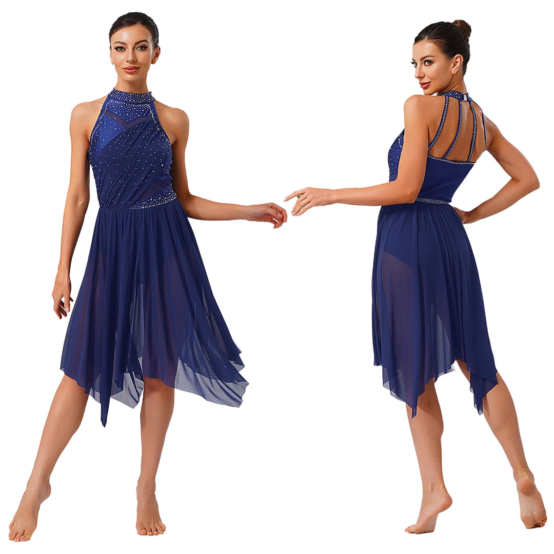 Womens Gymnastics Lyrical Ballet Dance Glittery Rhinestone Dress Ruched Backless Leotard Dresses Contemporary Dance Costumes