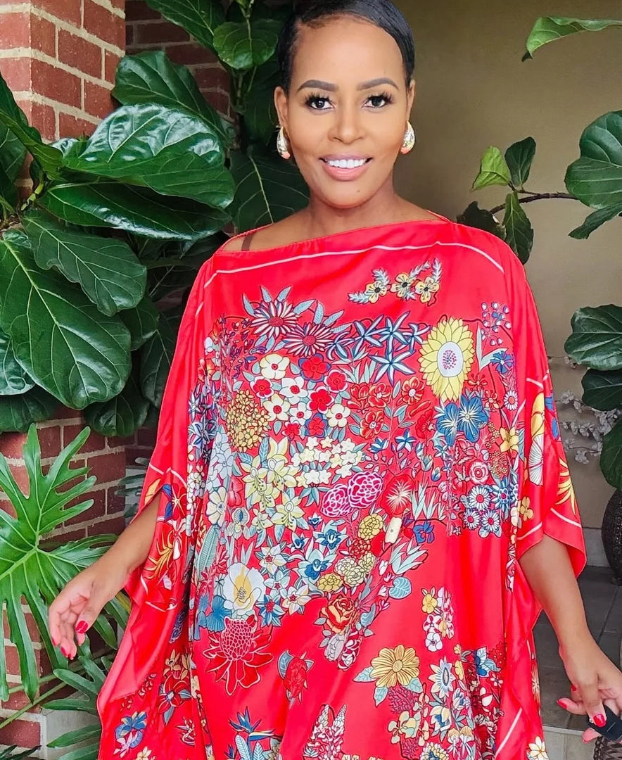 African Dress For Women Elegant Floral Summer Twill Silk Kaftan Maxi Dress Boho Sexy lady Beach Wear Caftan Dubai Muslim Ramadan