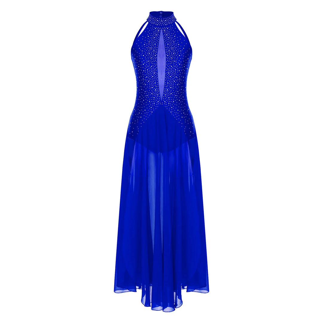Women Lyrical Dance Dress Modern Contemporary Dancewear Halter Strappy Back Rhinestones Split Dress for Performance Competition