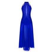Women Lyrical Dance Dress Modern Contemporary Dancewear Halter Strappy Back Rhinestones Split Dress for Performance Competition