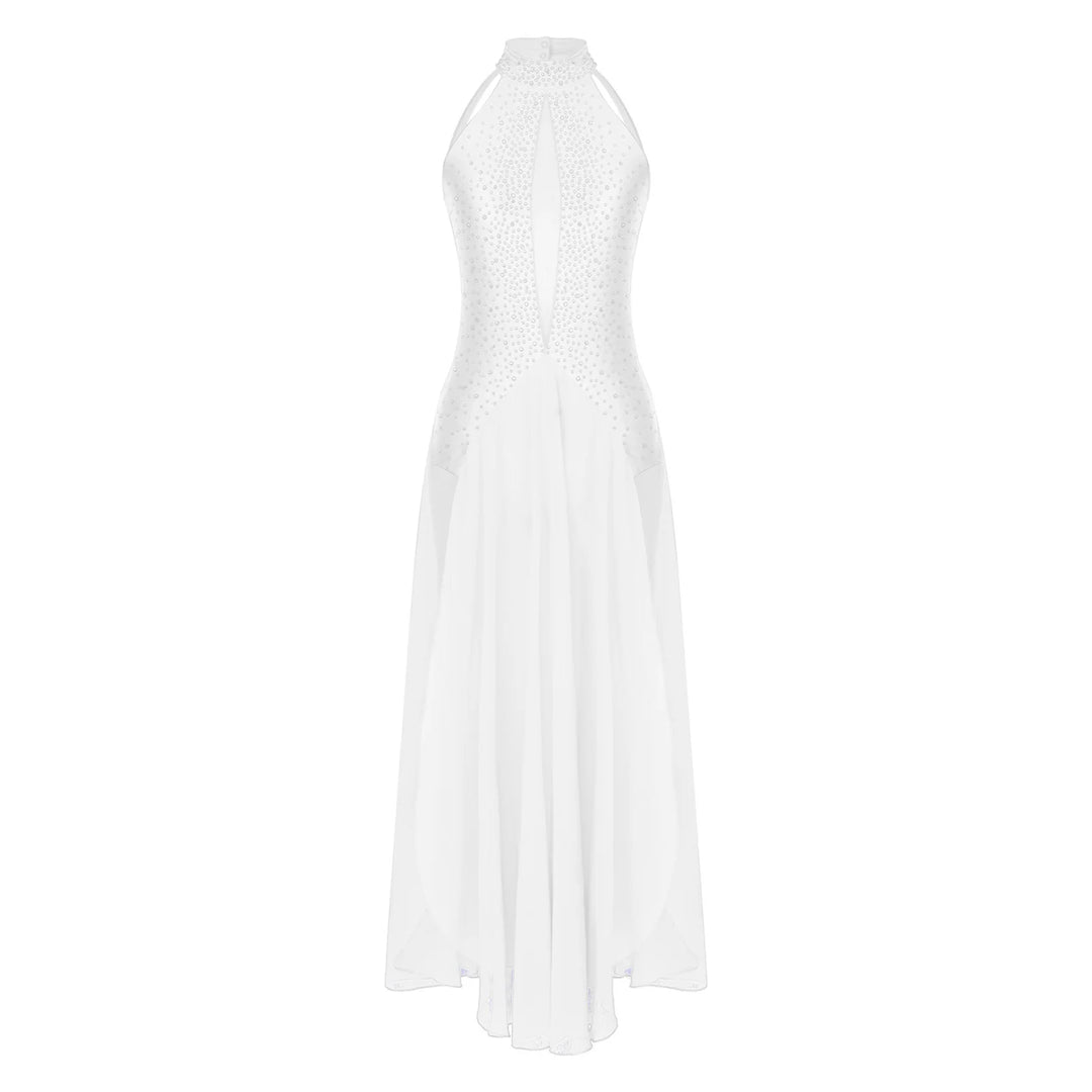 Women Lyrical Dance Dress Modern Contemporary Dancewear Halter Strappy Back Rhinestones Split Dress for Performance Competition