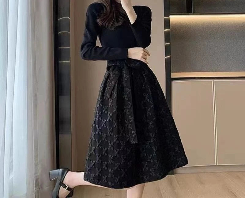 Black Dress for Women in Spring 2025 Fashionable Jacquard Mid Length Design Waist Cinching and Slimming A-line Skirt