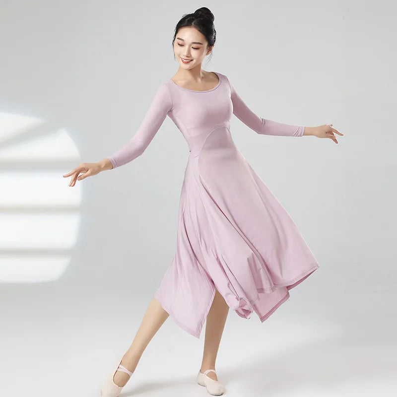 Women Modern Dance Long Dress  Solid Ice Silk Practice Clothes Big U Collar Irregular Split Hemline Folk Dancer Worship Costume