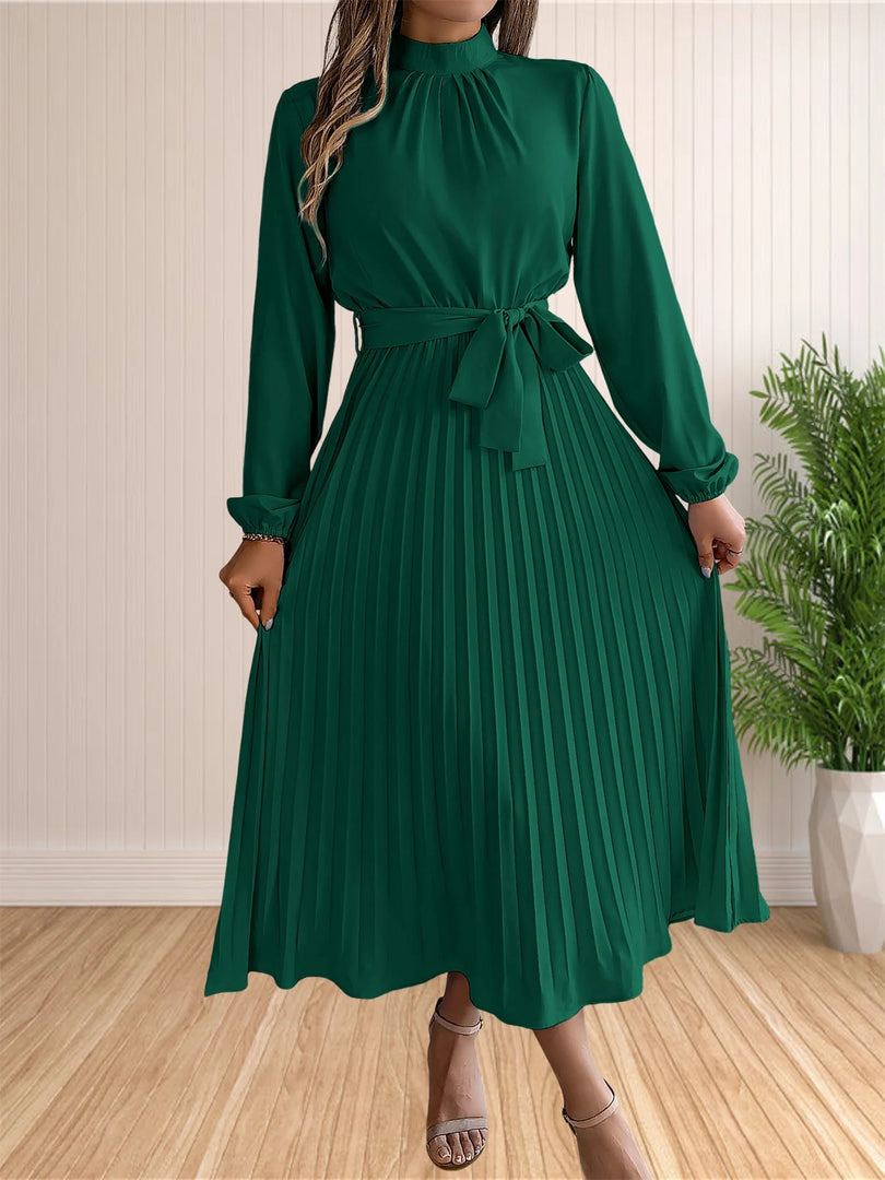 Women's Long Dresses Summer Elegant Pleated Long Sleeveed Lace Up Dresses Beach Boho Wrap Ruffle Hem Swing Sundress