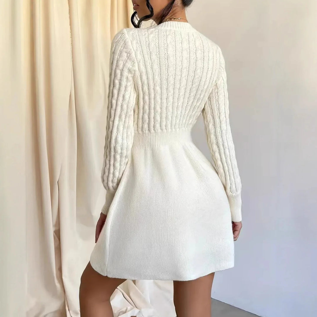 Knitted Dress Women 2025 Autumn Winter New Waist-tied Round Neck Ribbed Pattern Dress