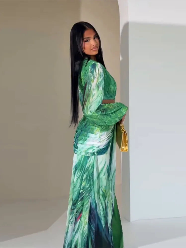 Women's Dress 2025 Fashion Summer New Vestidos Para Mujer Women's Vacation Elegant Style Long Sleeve Split Printed Slit Dresses