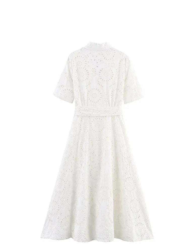 HH Women's Fashion Dress White Turn Down Collar Short Sleeve Bow Lace-Up Single-Breasted Female Summer Embroidery Long Dress