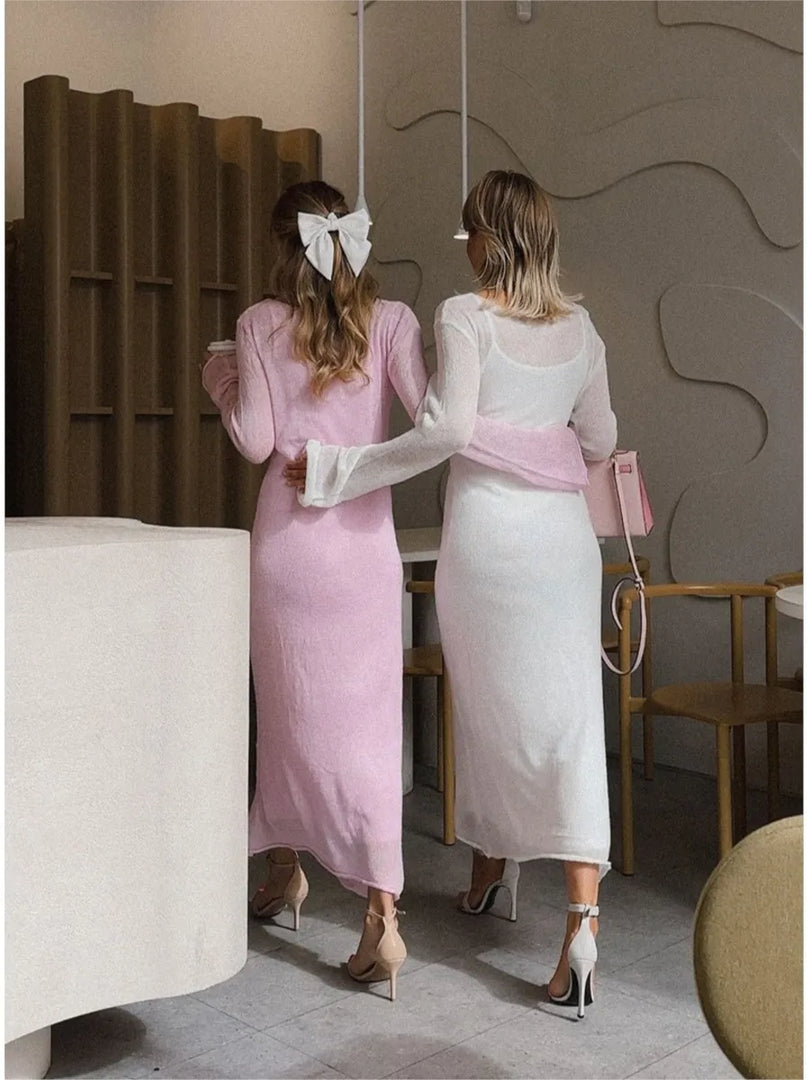 Sweet Pink Mohair Knitted Dress+Vests Dress Women New O-neck Casual Long Sleeve Dresses Suspenders Chic Vintage Two-piece Suit