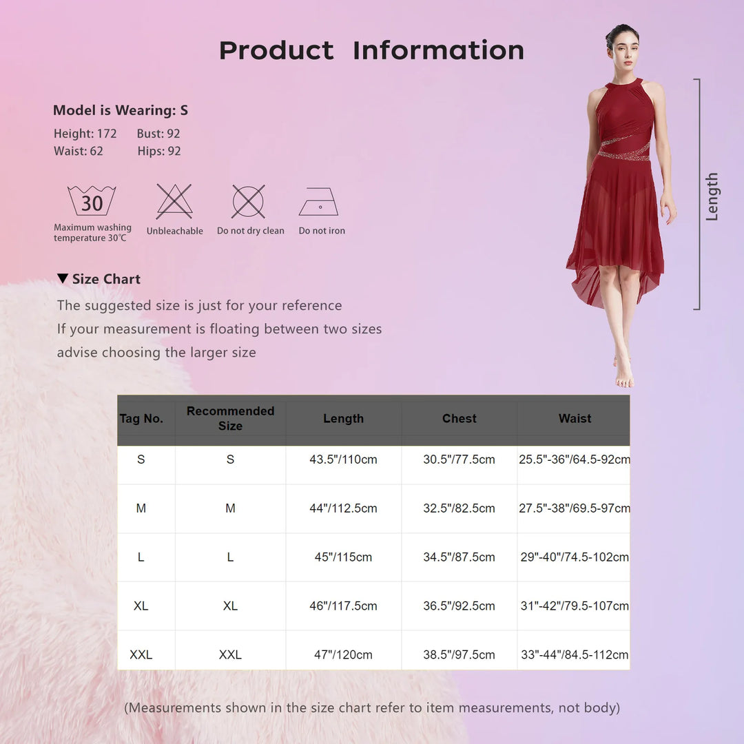 Women Adult Lyrical Dance Dress Modern Contemporary Costume Sparkly Rhinestones Ruched Asymmetrical Hem Ballet Dancewear