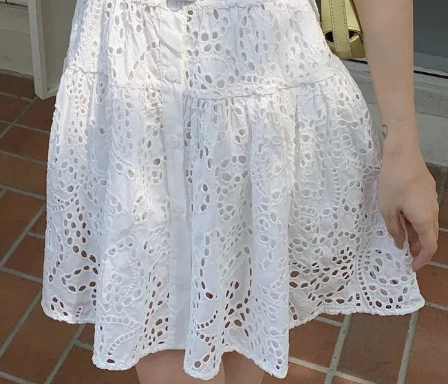 Women's white embroidered dress with short sleeves and waist for office ladies, elegant shirt dress