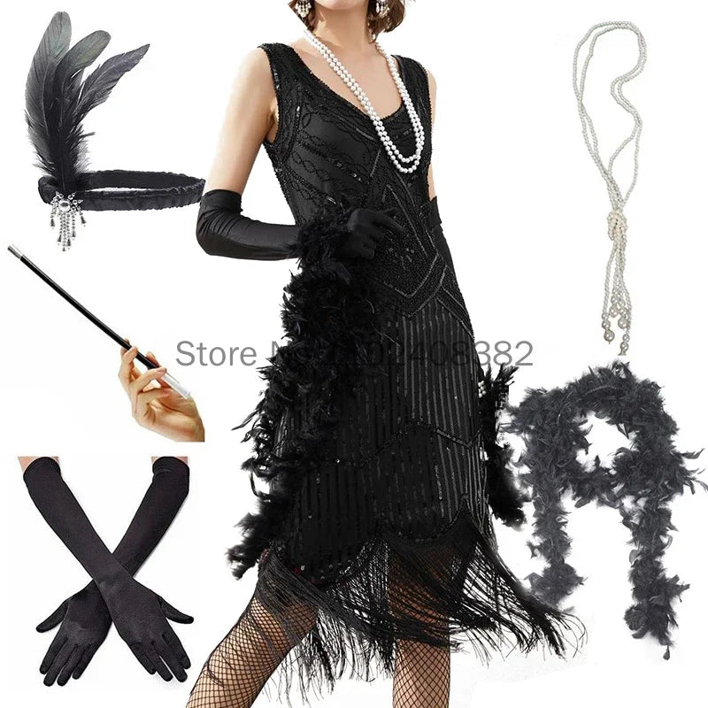 Women's 1920s Costume Vintage Sequin Full Fringed Deco Inspired Flapper Cosplay Dress Roaring 20s Great Gatsby Dress Vestidos