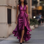 Load image into Gallery viewer, Women's Deep V-Neck Ruffled Evening Gowns Solid Lace-Up High Waist Satin Party Dresses Elegant Temperament Wedding Guests Dress