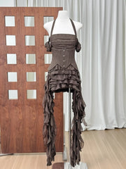 Women Ruffles Draped Dress Three Piece Sets Sexy Halter Neck Folds Ruffled Dress+Lace-up Corset Top+Shorts Suits Party Cocktail