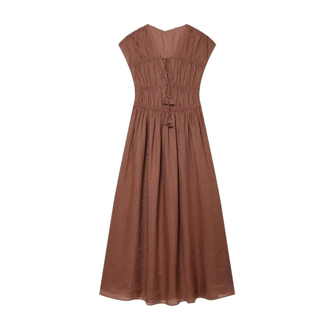 Women's Dress 2026 Summer European Style Deep V Sleeveless Pleated Elegant Chic Drawstring Street Fashion Women's Dress