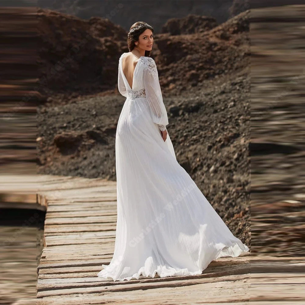 Elegant Women Wedding Dresses Deep-V A-Line Lace Bridal Gowns Backless Mopping Length Lace Printing Vestidos De Novia Customized