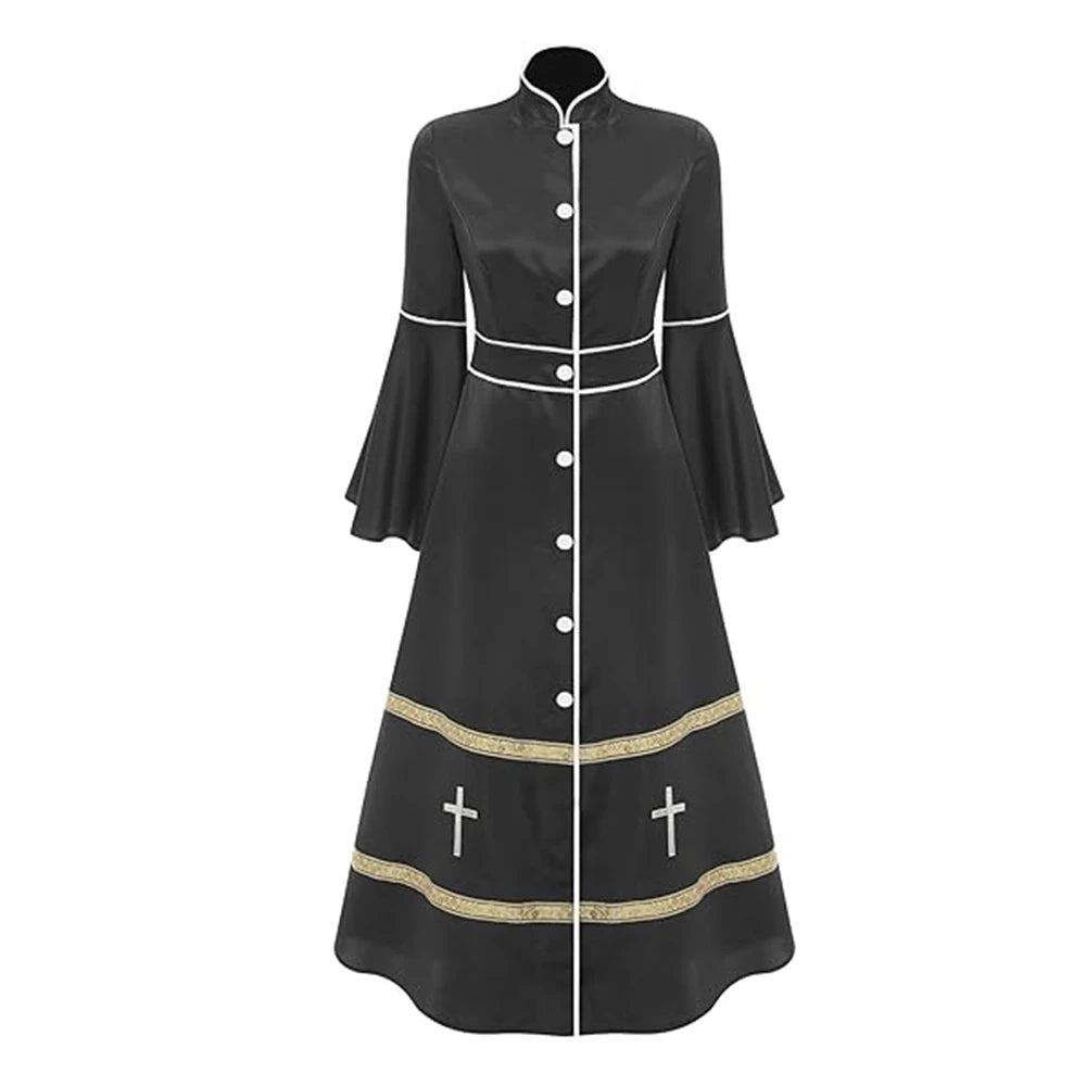 Women Stand Collar Long Sleeve Buttons Church Clergy Robe Gown Dress Priest Costume Robes