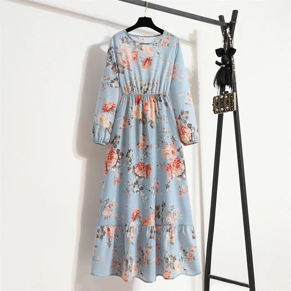 Women Long Dresses Spring Summer Casual Full Sleeve Floral geometry Printed O neck Woman Bohe Beach Party Dress Mujer Vestidos