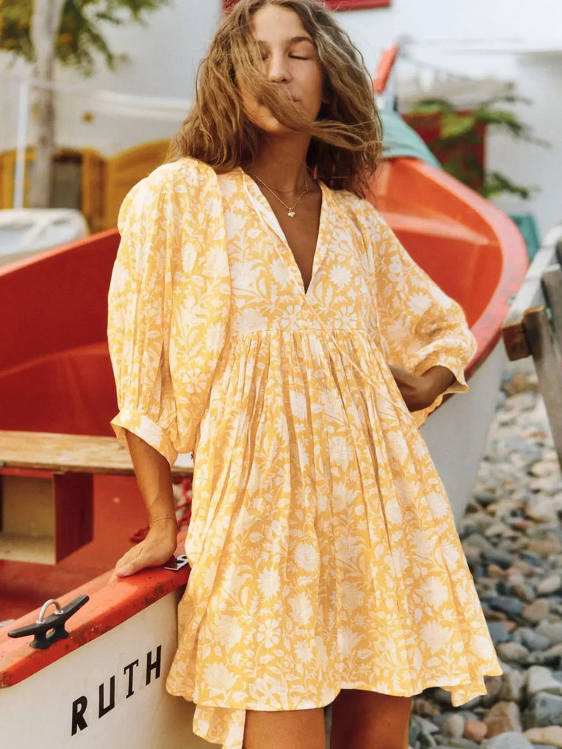 Women Dresses Summer  V Neck Tied Rope Loose Casual Dress Half Sleeve Printing Sundress Boho Dress Beach Vacation Short Dress