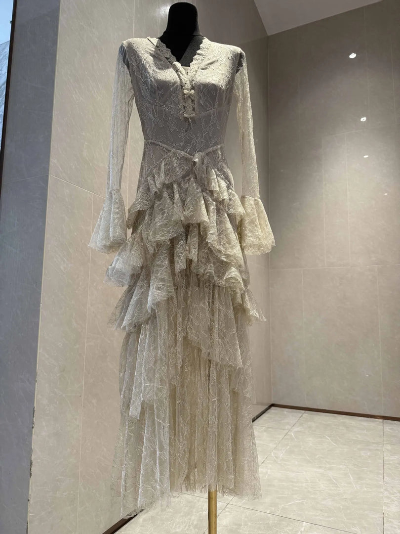 Women's Dresses: Elegant & Stylish V-Neck, Flared Long Sleeve, Layered Lace Tiered "Cake" Dress — 2026 Summer New Arrival