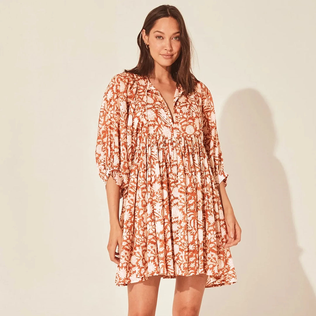 Women Dresses Summer  V Neck Tied Rope Loose Casual Dress Half Sleeve Printing Sundress Boho Dress Beach Vacation Short Dress