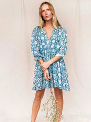 Women Dresses Summer  V Neck Tied Rope Loose Casual Dress Half Sleeve Printing Sundress Boho Dress Beach Vacation Short Dress