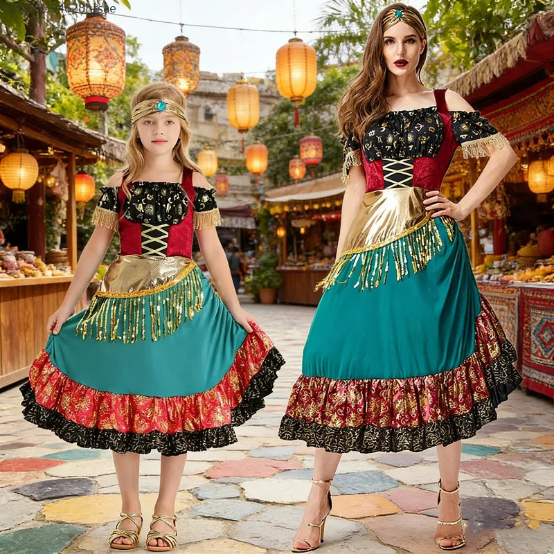 Adult Women Flamenco Gypsy Dress Waltz Tango Dance Show Mädchen Folk Costume Carnival Party Fancy Dress Outfit