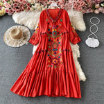 Load image into Gallery viewer, Women Vintage Dress Bohemian Ethnic Seaside Holiday Dress Spring Embroidered V-Neck Beach Dress Sundress Casual Pleated Vestidos