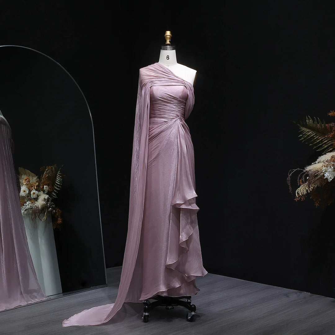 Sharon Said 2026 Women's Elegant Evening Dresses with Draped Cape Formal Birthday Gown Pink One Shoulder Arabic SF199 Customized
