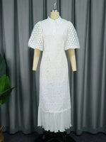 Load image into Gallery viewer, White Lace Dresses for Women Wedding Guests Elegant Turn Down Collar Puff Sleeves Pleated Hem Midi Dress Luxury Occasion Clothes